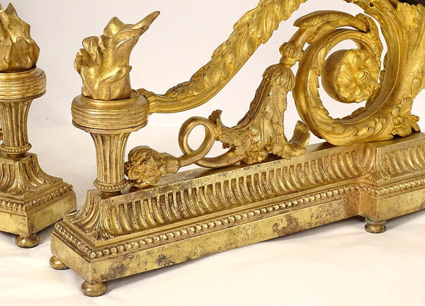 Pair Louis XVI Andirons Gilt Bronze Cherubs Children Arabesques 18th