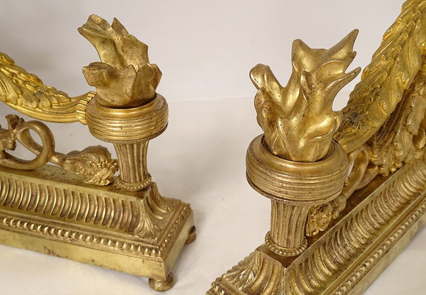 Pair Louis XVI Andirons Gilt Bronze Cherubs Children Arabesques 18th