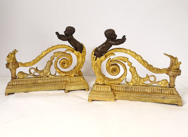 Pair Louis XVI Andirons Gilt Bronze Cherubs Children Arabesques 18th
