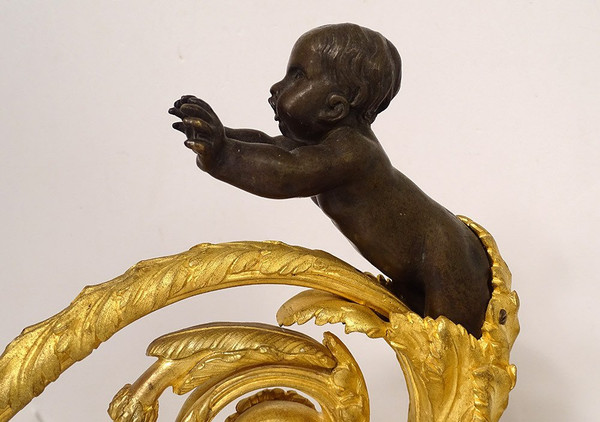 Pair Louis XVI Andirons Gilt Bronze Cherubs Children Arabesques 18th