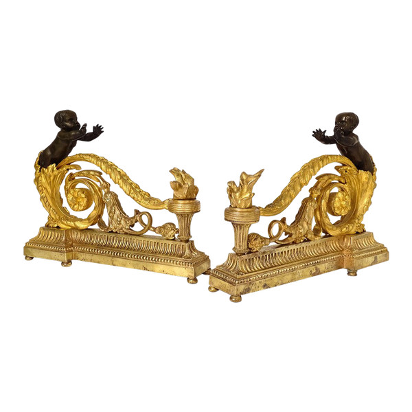 Pair Louis XVI Andirons Gilt Bronze Cherubs Children Arabesques 18th