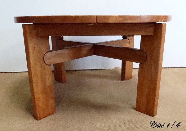Solid Elm table, with integrated extension, attributed to Maison Regain – 1980