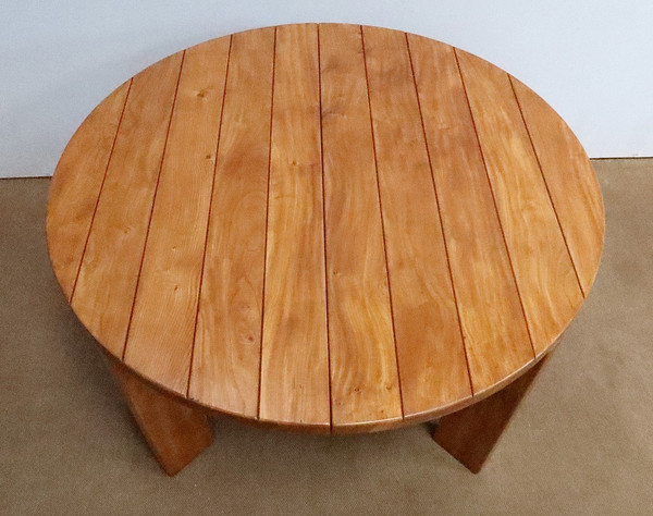 Solid Elm table, with integrated extension, attributed to Maison Regain – 1980