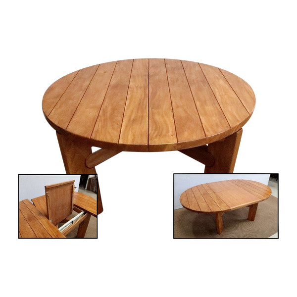 Table en Orme massif, à allonge intégrée, attribuée à la Maison Regain – 1980