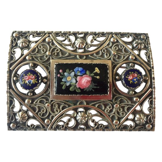 Large 19th Century Brooch In Silver And Painted Porcelain Cabochons.