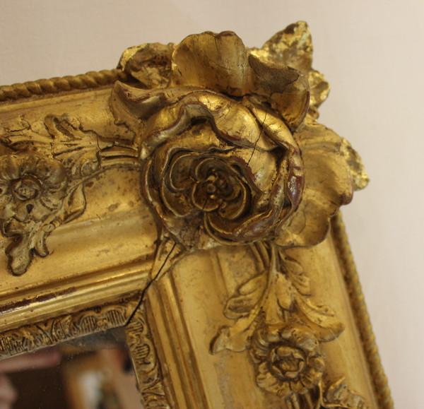 "Large Old Rectangle Gold Leaf Mirror, Rose Decor, Mercury Glass 85 X 116 Cm"