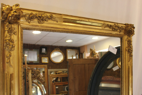 "Large Old Rectangle Gold Leaf Mirror, Rose Decor, Mercury Glass 85 X 116 Cm"