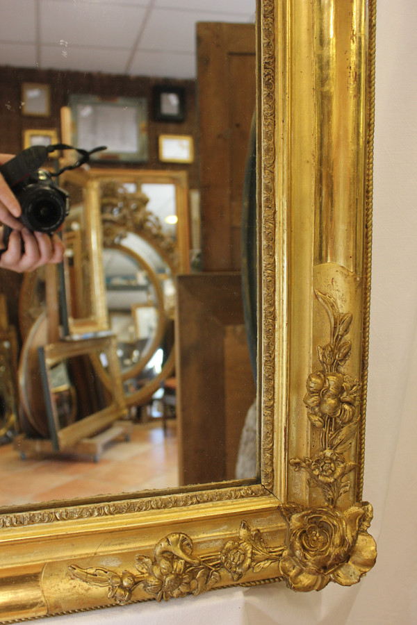"Large Old Rectangle Gold Leaf Mirror, Rose Decor, Mercury Glass 85 X 116 Cm"