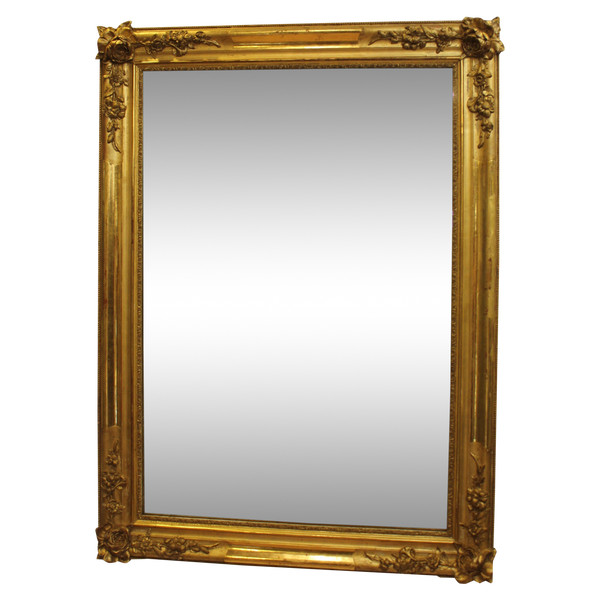 "Large Old Rectangle Gold Leaf Mirror, Rose Decor, Mercury Glass 85 X 116 Cm"