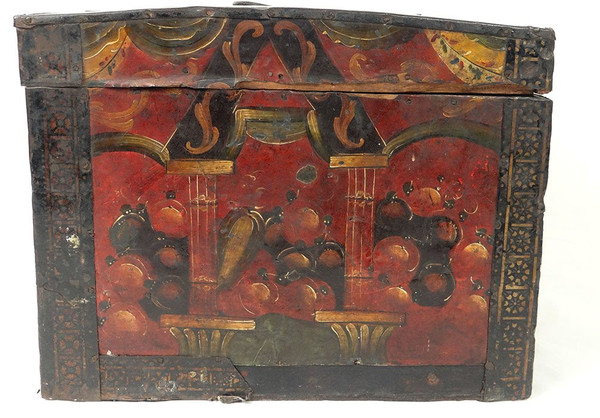Coffre Coffret Métal Peint Polychrome Coupes Fruits Colonnes XVIIème Siècle