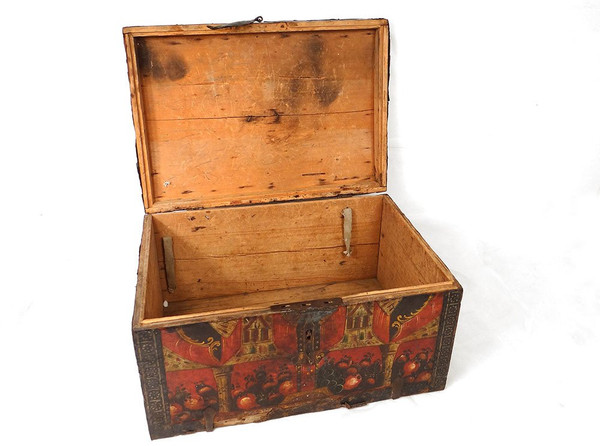 Coffre Coffret Métal Peint Polychrome Coupes Fruits Colonnes XVIIème Siècle