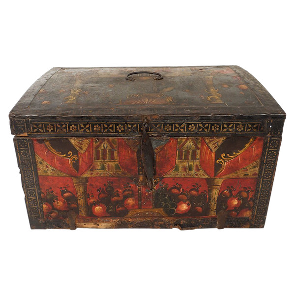 Coffre Coffret Métal Peint Polychrome Coupes Fruits Colonnes XVIIème Siècle