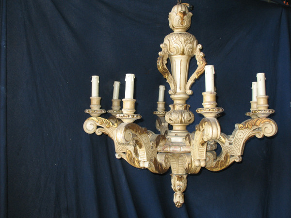 Grande lampadario in legno intagliato in stile Luigi XIV a 8 bracci di luce, epoca XIX secolo