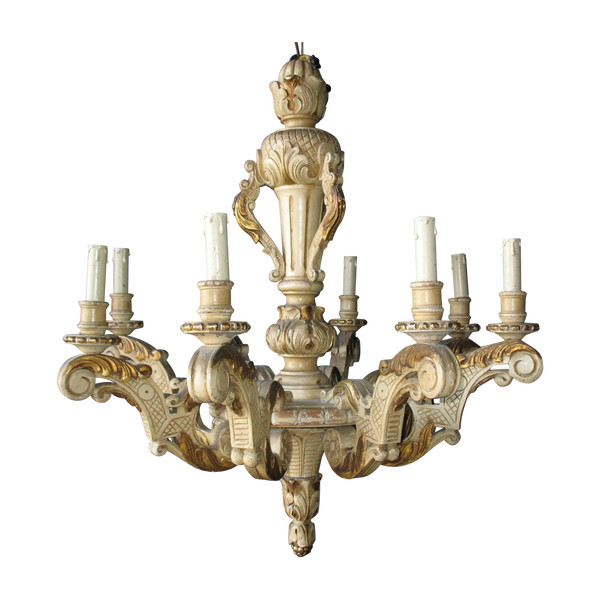Grande lampadario in legno intagliato in stile Luigi XIV a 8 bracci di luce, epoca XIX secolo