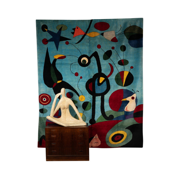 According to Joan Miro. Carpet, or tapestry, in wool. Contemporary work