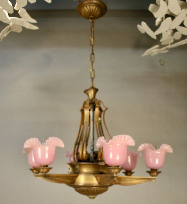 1940 Bronze Chandelier With 6 Arms Of Pink Opaline Lights