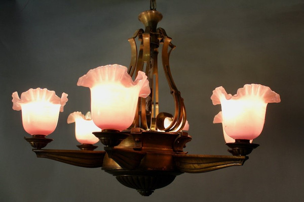 1940 Bronze Chandelier With 6 Arms Of Pink Opaline Lights