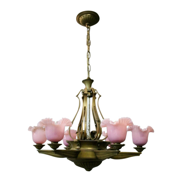 1940 Bronze Chandelier With 6 Arms Of Pink Opaline Lights