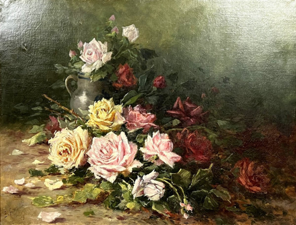 Emile GAUFFRIAUD (1877-1957): large oil on canvas still life with roses dated 1918