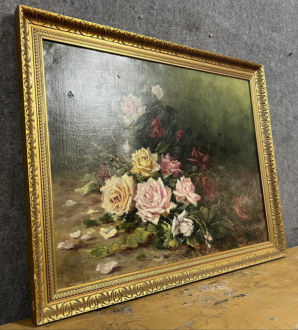 Emile GAUFFRIAUD (1877-1957): large oil on canvas still life with roses dated 1918