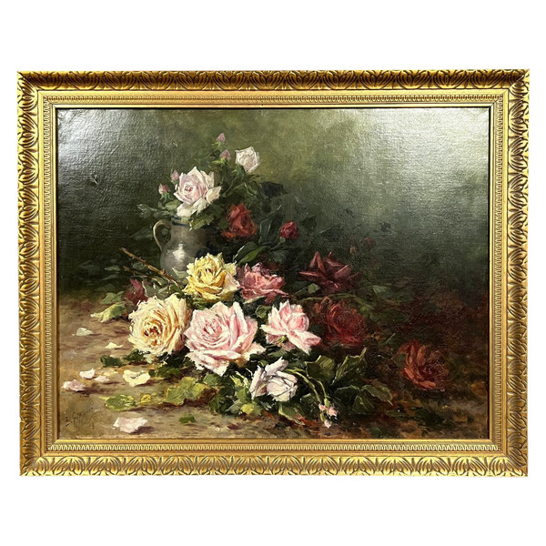 Emile GAUFFRIAUD (1877-1957): large oil on canvas still life with roses dated 1918