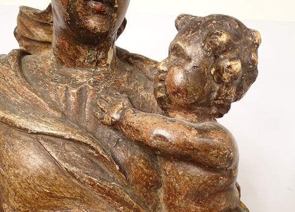 Statua religiosa della Vergine e del Bambino Gesù Legno scolpito in policromia XVIII secolo