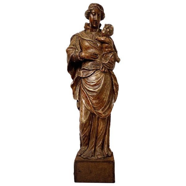 Statue Religieuse Vierge à l'Enfant Jésus Bois Sculpté Polychrome XVIIIème