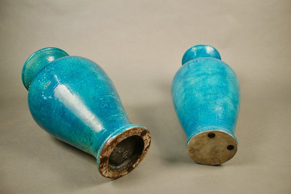 Pair Of Chinese Vases In Blue Cracked Ceramic