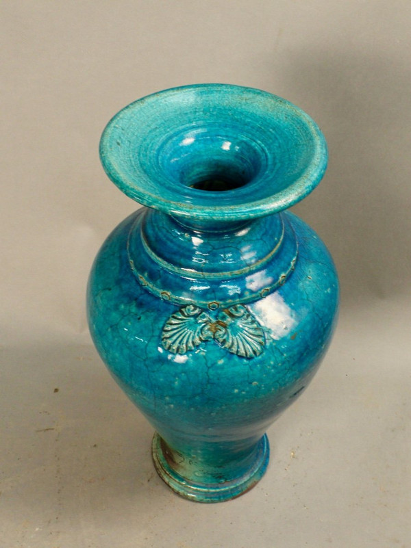 Pair Of Chinese Vases In Blue Cracked Ceramic