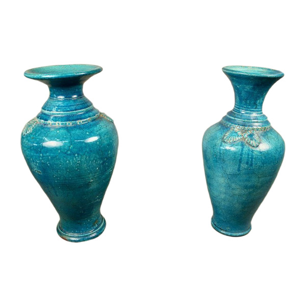 Pair Of Chinese Vases In Blue Cracked Ceramic