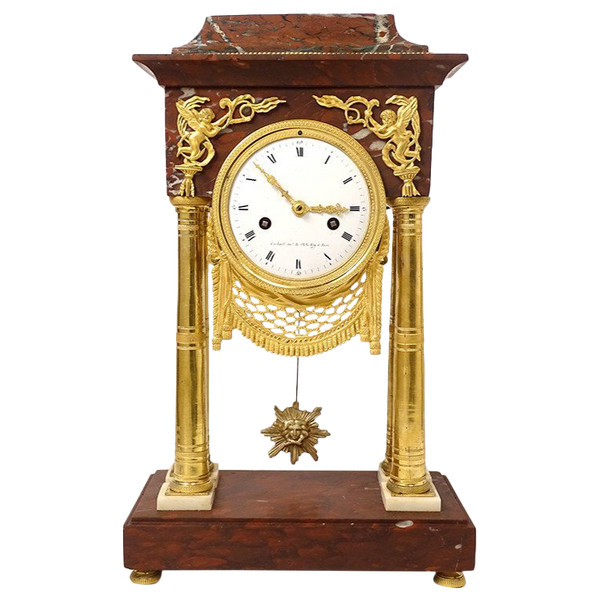 Red Griotte marble Bronze Cachard Directoire 18th century column clock