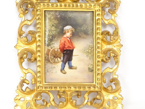Gemälde auf Porzellan, Kindergemälde, goldener Holzrahmen, Lanfant de Metz, 19. Jahrhundert