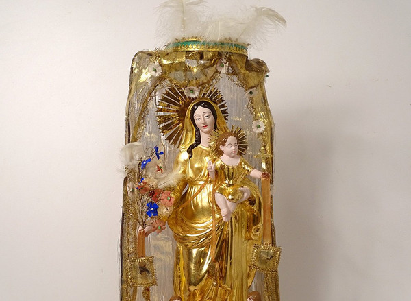 Large Virgin of Marseille Santibelli Terracotta Child Jesus Globe 19th century