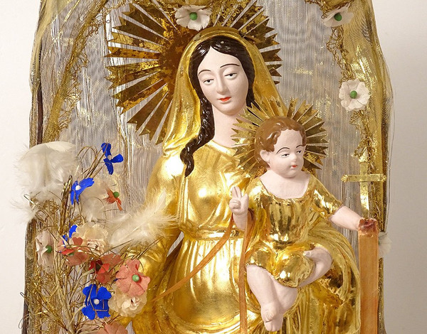 Large Virgin of Marseille Santibelli Terracotta Child Jesus Globe 19th century