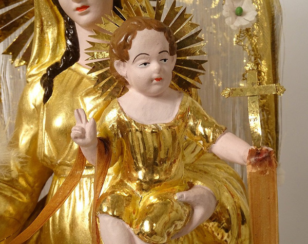 Large Virgin of Marseille Santibelli Terracotta Child Jesus Globe 19th century