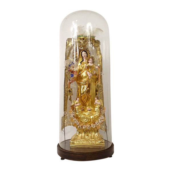 Large Virgin of Marseille Santibelli Terracotta Child Jesus Globe 19th century