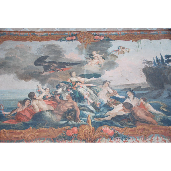 Rare And Large 18th Century Provence Painted Canvas, The Abduction of Europe