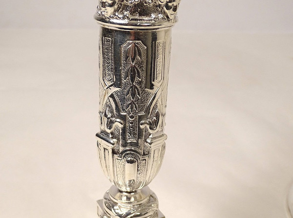Coppia di candelabri Luigi XIV in bronzo argentato disegno Bérain XIX secolo