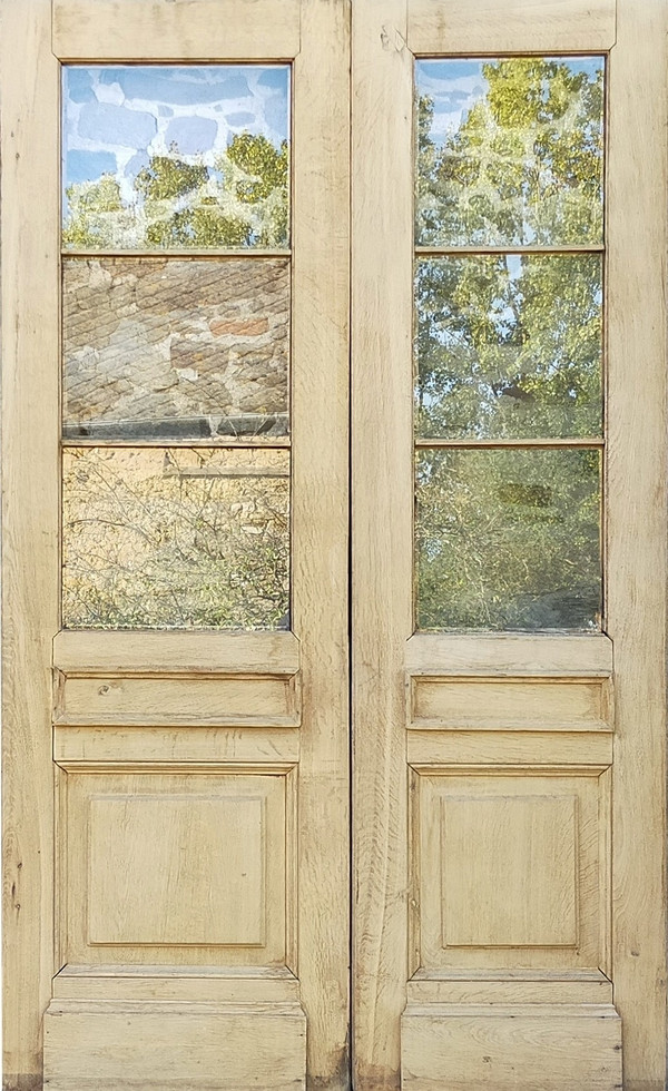 Alte Glaseingangstür aus Eiche mit zwei Blättern