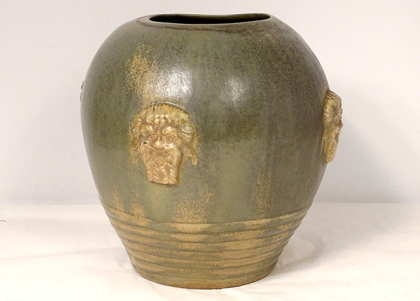 Grand Vase Grès Polychrome Primavera Louis Lourioux Mascarons Faunes XXème