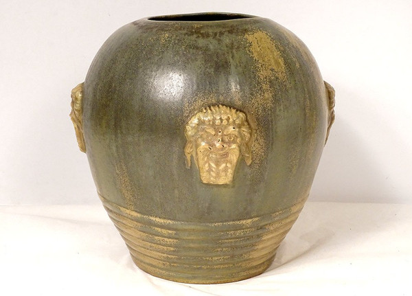 Grand Vase Grès Polychrome Primavera Louis Lourioux Mascarons Faunes XXème