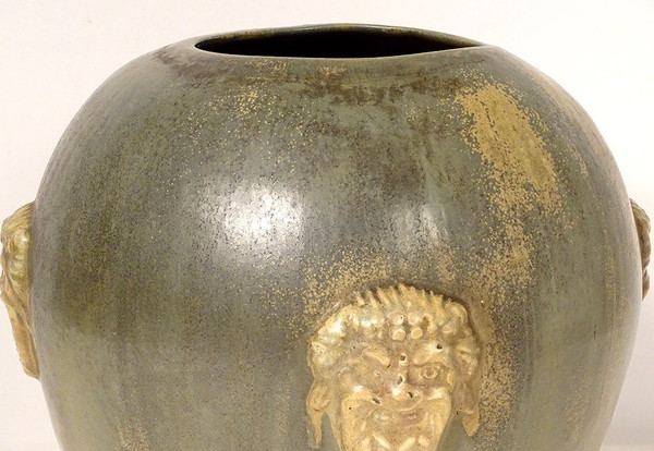 Grand Vase Grès Polychrome Primavera Louis Lourioux Mascarons Faunes XXème