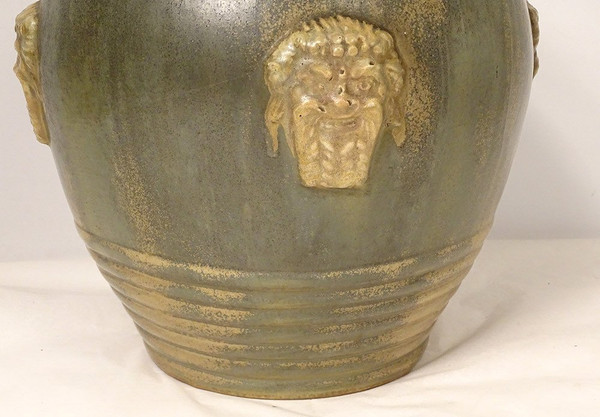 Grand Vase Grès Polychrome Primavera Louis Lourioux Mascarons Faunes XXème