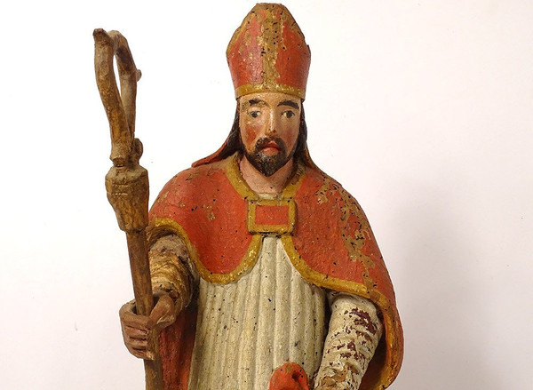 Statue Bois Sculpté Polychrome évêque Crosse Saint-Eloi XVIIIème Siècle