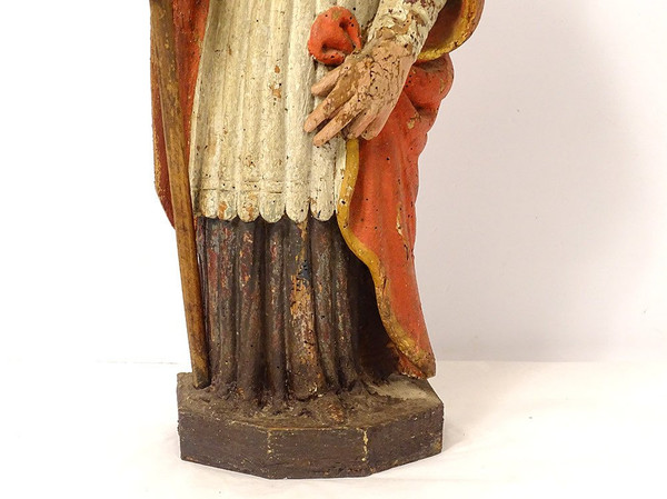 Statue Bois Sculpté Polychrome évêque Crosse Saint-Eloi XVIIIème Siècle