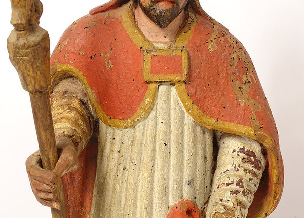 Statue Bois Sculpté Polychrome évêque Crosse Saint-Eloi XVIIIème Siècle