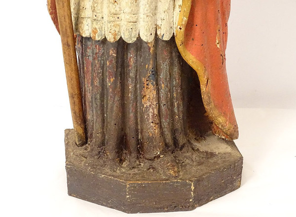 Statue Bois Sculpté Polychrome évêque Crosse Saint-Eloi XVIIIème Siècle