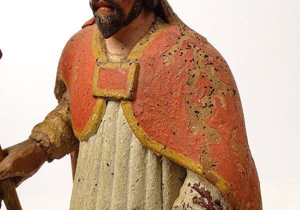 Statue Bois Sculpté Polychrome évêque Crosse Saint-Eloi XVIIIème Siècle