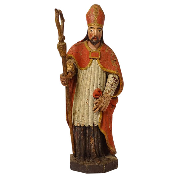 Statue Bois Sculpté Polychrome évêque Crosse Saint-Eloi XVIIIème Siècle