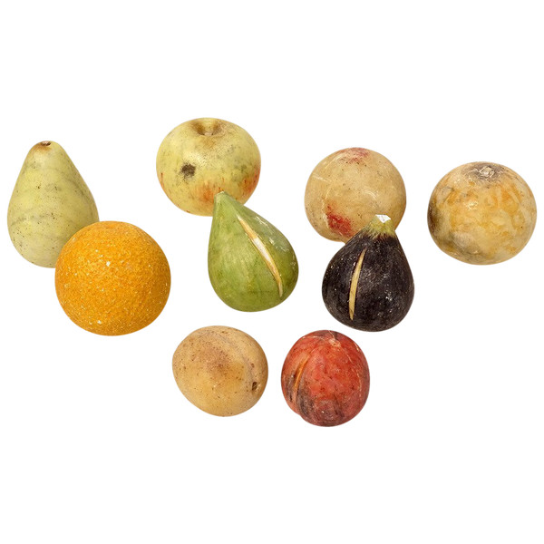 Ensemble 9 Fruits Marbre Carrare Polychrome Pomme Pêche Figue Poire XIXème